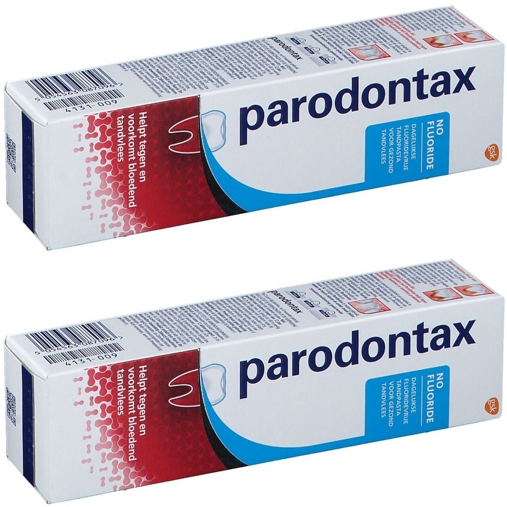 Deux boîtes de dentifrice Parodontax sans fluor. Boîtes blanches avec texte rouge et bleu.