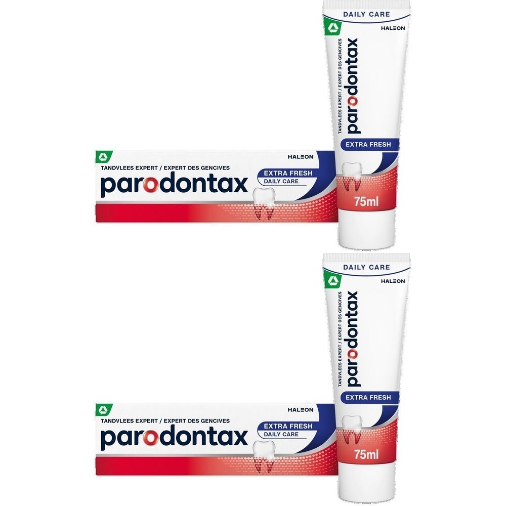 Deux boîtes de dentifrice Parodontax Extra Fresh. Emballage blanc et rouge avec nom et informations.