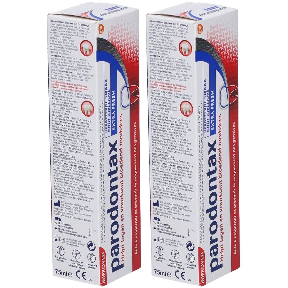 Zwei Packungen Parodontax Extra Fresh Zahnpasta. Weiß-rote Verpackung mit Produktnamen und Inhaltsangaben.