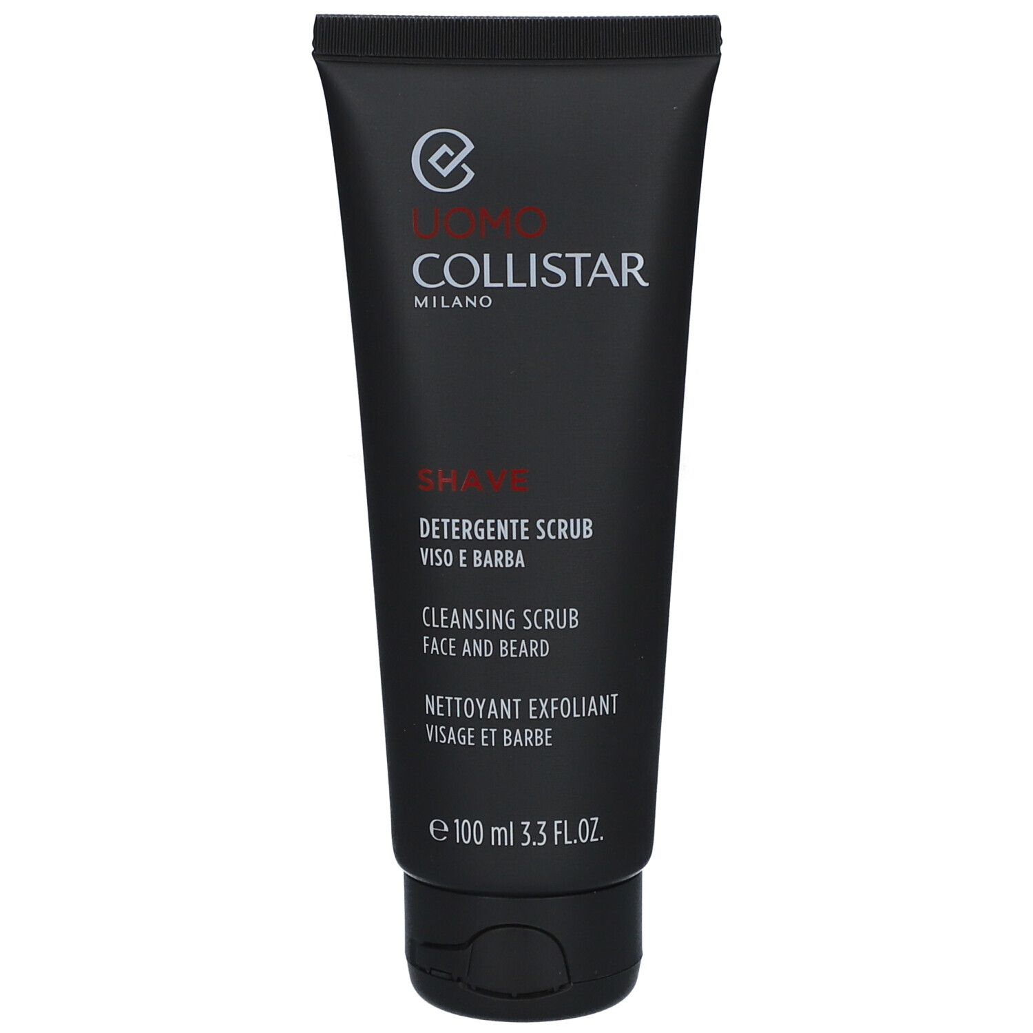 Tube noire avec texte et nom de produit. Contient "Cleansing Scrub Face and Beard".