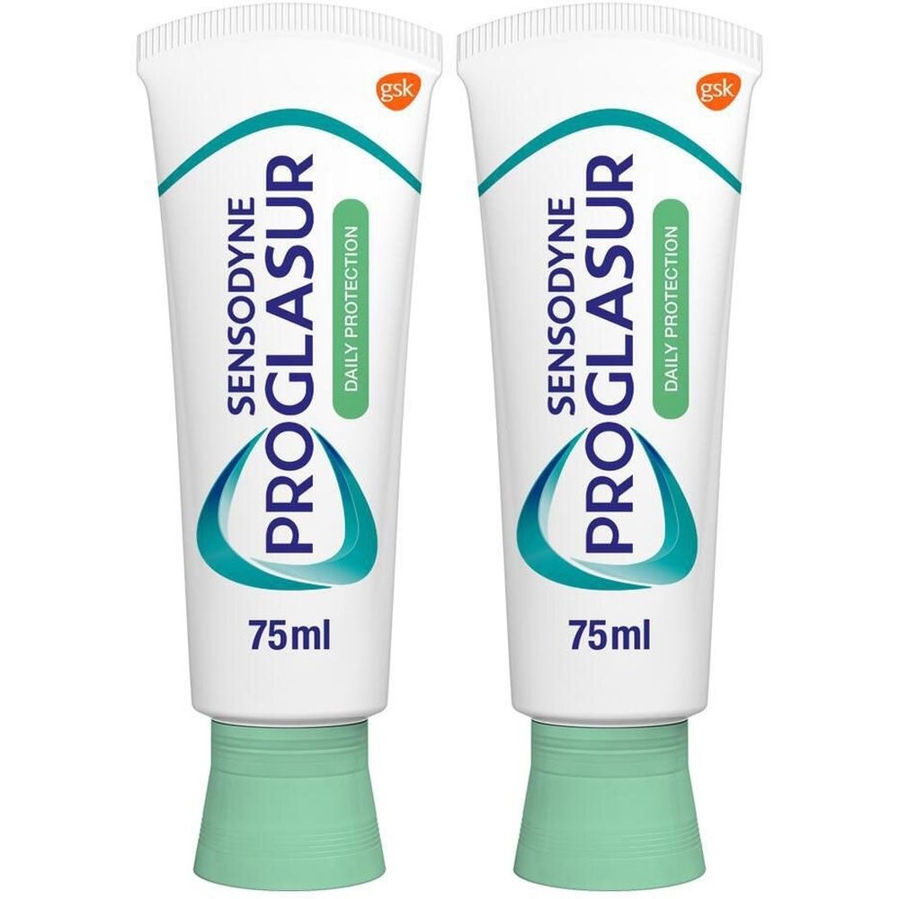 Deux tubes de dentifrice SENSODYNE PRO GLASUR. Blanc, avec des accents turquoise et verts. Inscription : 75ml.