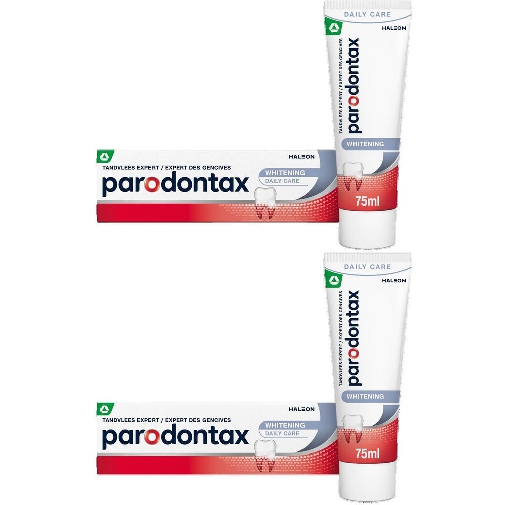 Deux tubes de dentifrice Parodontax Whitening. Tubes blancs avec texte rouge et bleu. Inscription: IMPROVED.