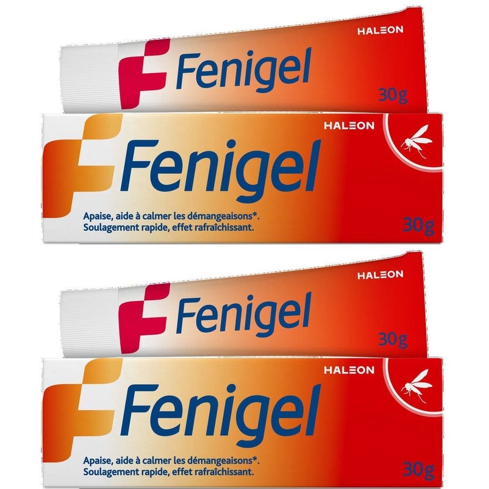 Quatre tubes de Fenigel. Design orange et blanc avec logo rouge. Indication 30g.