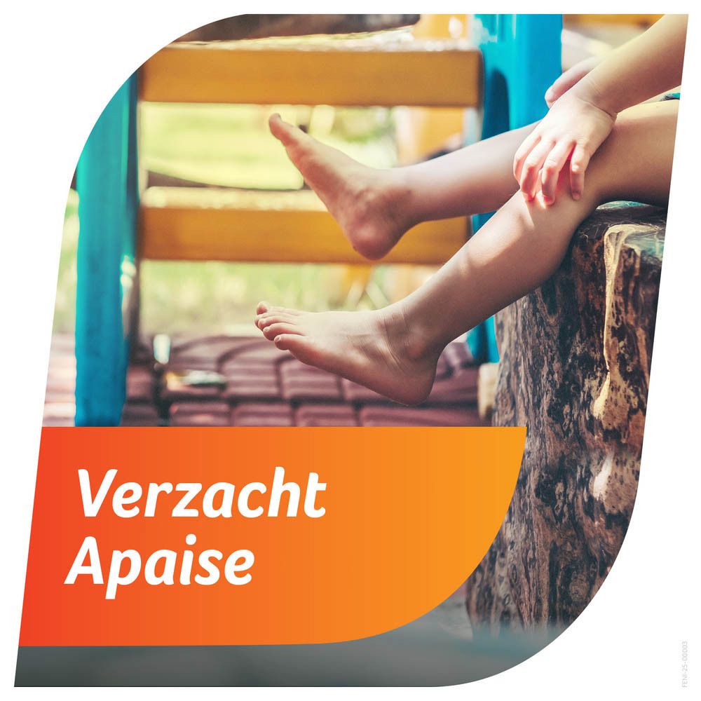 Mère et enfant pointent. Texte: 3-in-1 verlichting, Soulagement 3-en-1.