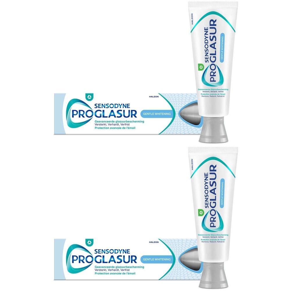 Deux tubes et deux boîtes de dentifrice Sensodyne Proglasur Gentle Whitening. Marque : Sensodyne Proglasur. Inscription : Gentle Whitening.