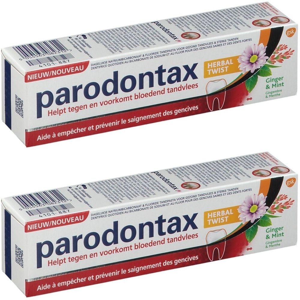 Deux boîtes de dentifrice Parodontax Herbal Twist. Inscription: Aide à empêcher et prévenir le saignement des gencives.