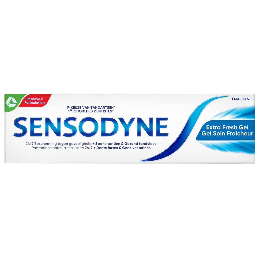 Une boîte de dentifrice Sensodyne Extra Fresh Gel. Blanc, bleu et vert. Texte : Sensodyne, Extra Fresh Gel, protection 24h/7.