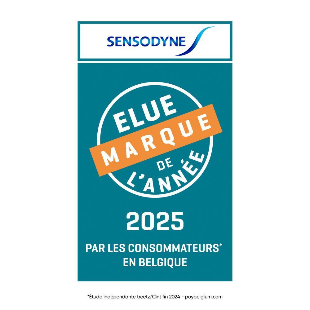Prix 'Elue Marque de l'Année 2025' pour Sensodyne. Bleu, blanc et orange. Texte : Elue Marque de l'Année 2025.