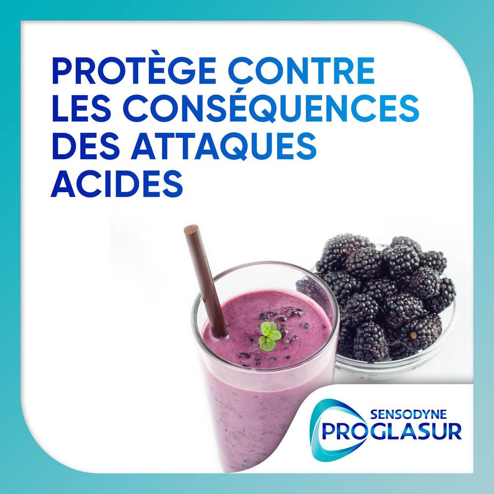 Verre de smoothie et mûres. Texte : Protège contre les conséquences des attaques acides. Logo Sensodyne Proglasur.