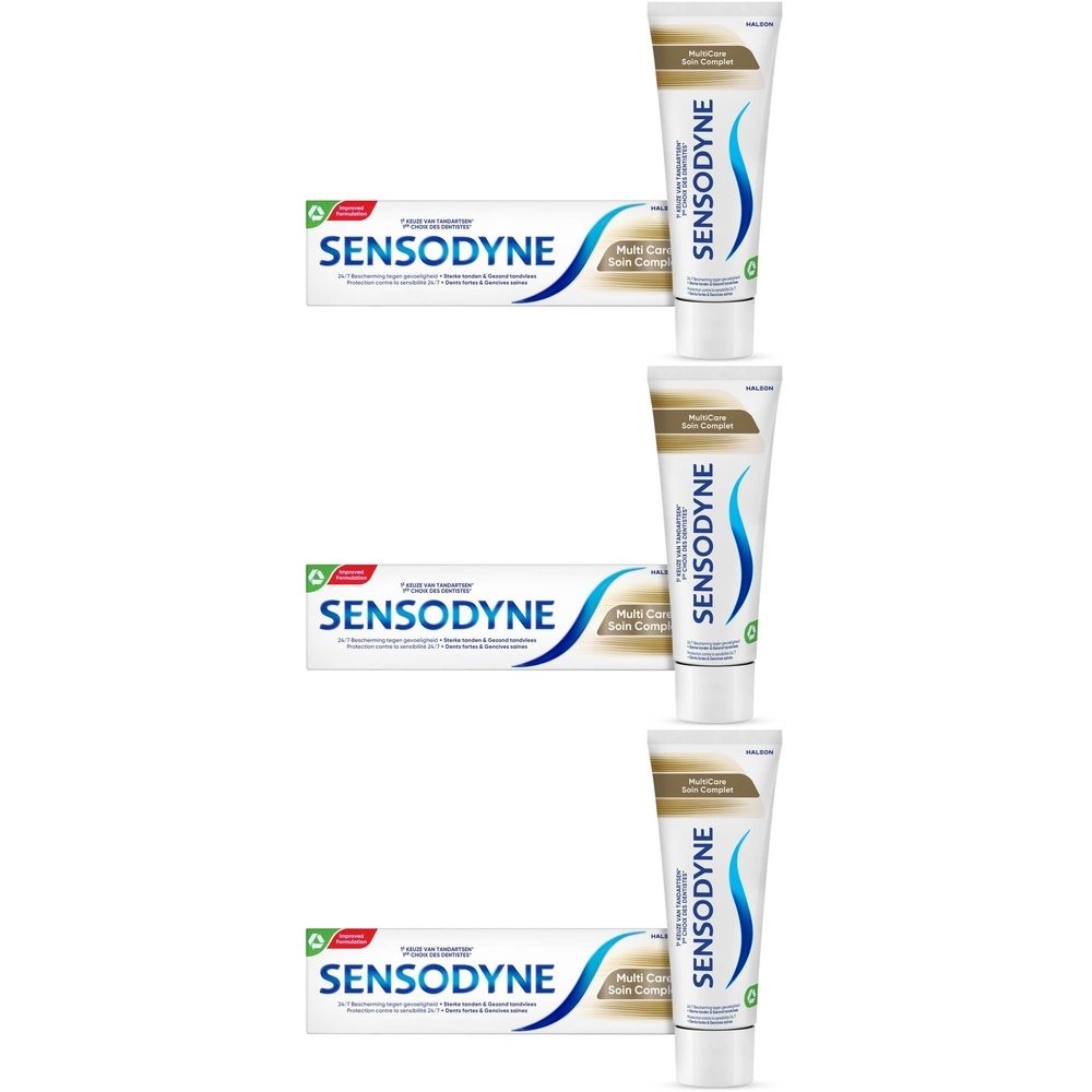 Six tubes de dentifrice Sensodyne Multicare. Tubes blancs avec motif ondulé bleu et nom du produit. Logo vert et blanc.