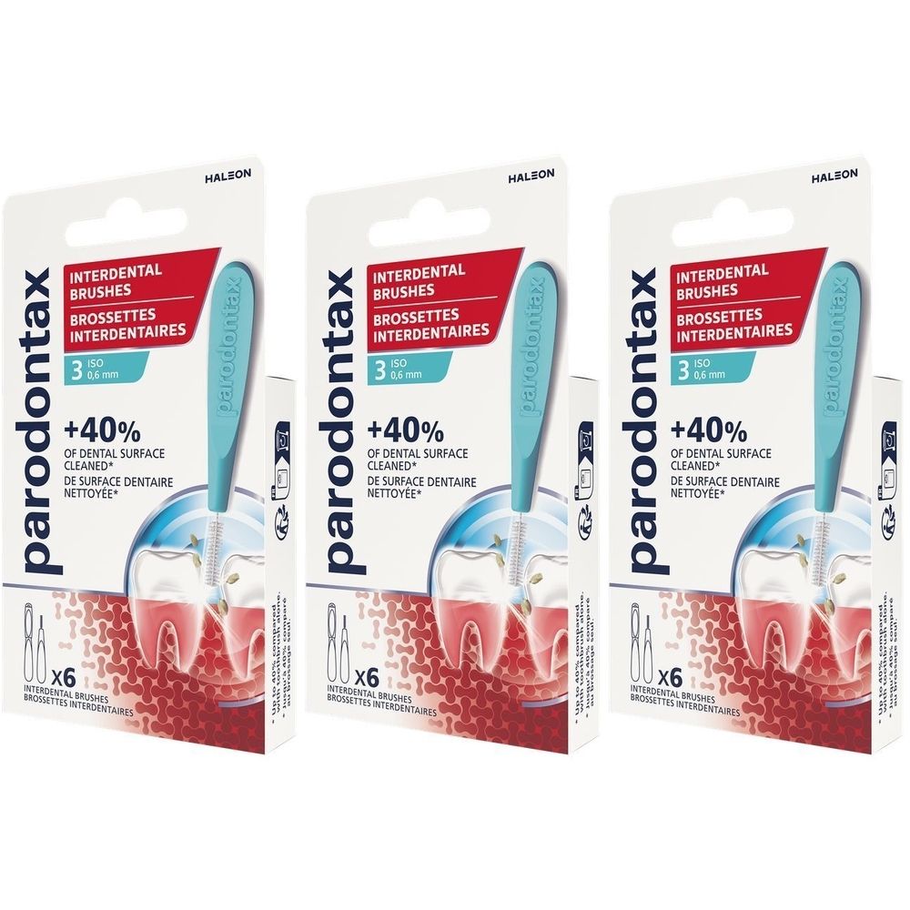 Trois paquets de brossettes interdentaires PARODONTAX. Emballage avec brosse et manche. 0,6 mm. Six brosses par paquet.