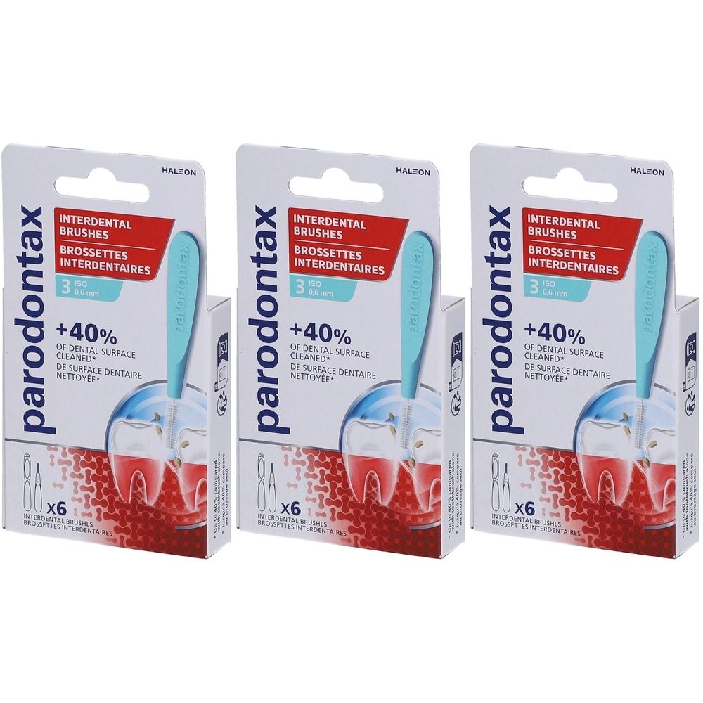 Drei Packungen PARODONTAX Interdentalbürsten. Verpackung mit Bürste und Griff. 0,6 mm. Sechs Bürsten pro Packung.