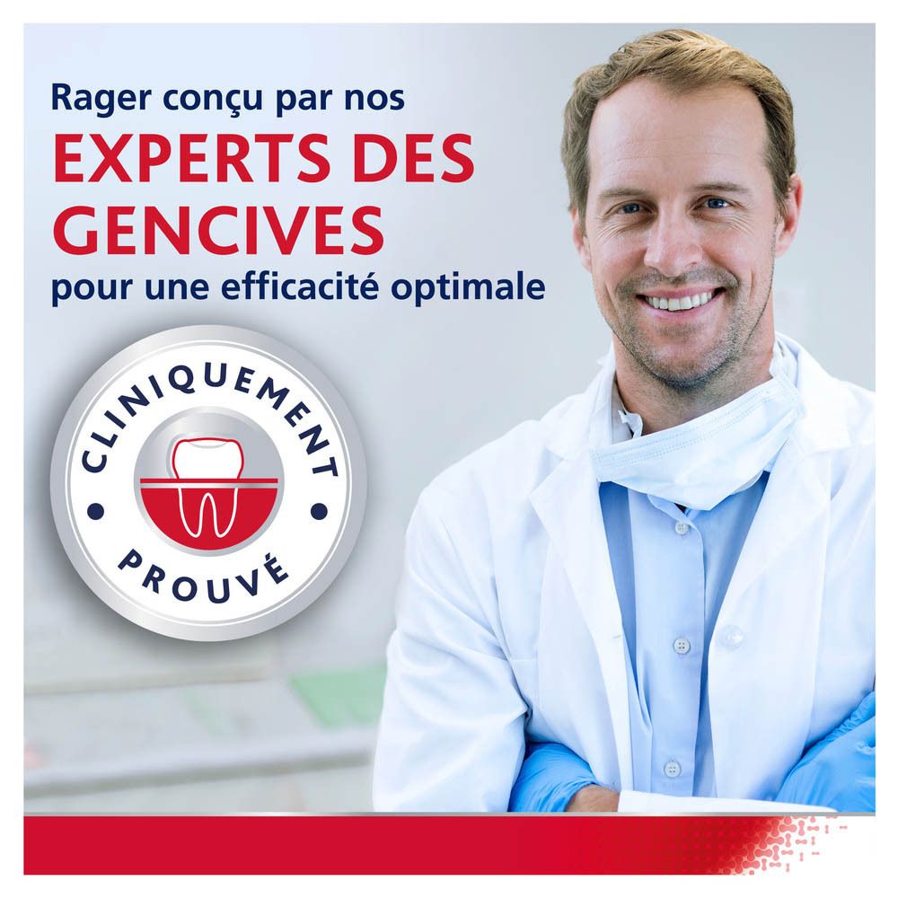 Médecin avec symbole de dent. Texte : Cliniquement prouvé. Experts des gencives pour une efficacité optimale.