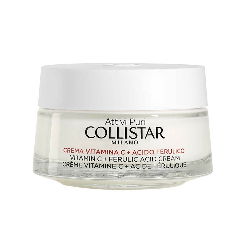 Pot de crème avec couvercle blanc. Inscription : COLLISTAR, Crème Vitamine C + Acide férulique. Récipient en verre.