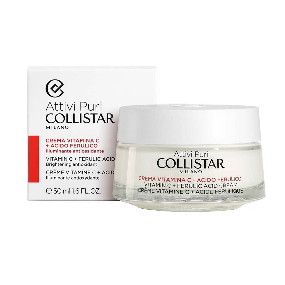 Pot de crème et boîte. Inscription : COLLISTAR, Crème Vitamine C + Acide férulique. Emballage blanc.