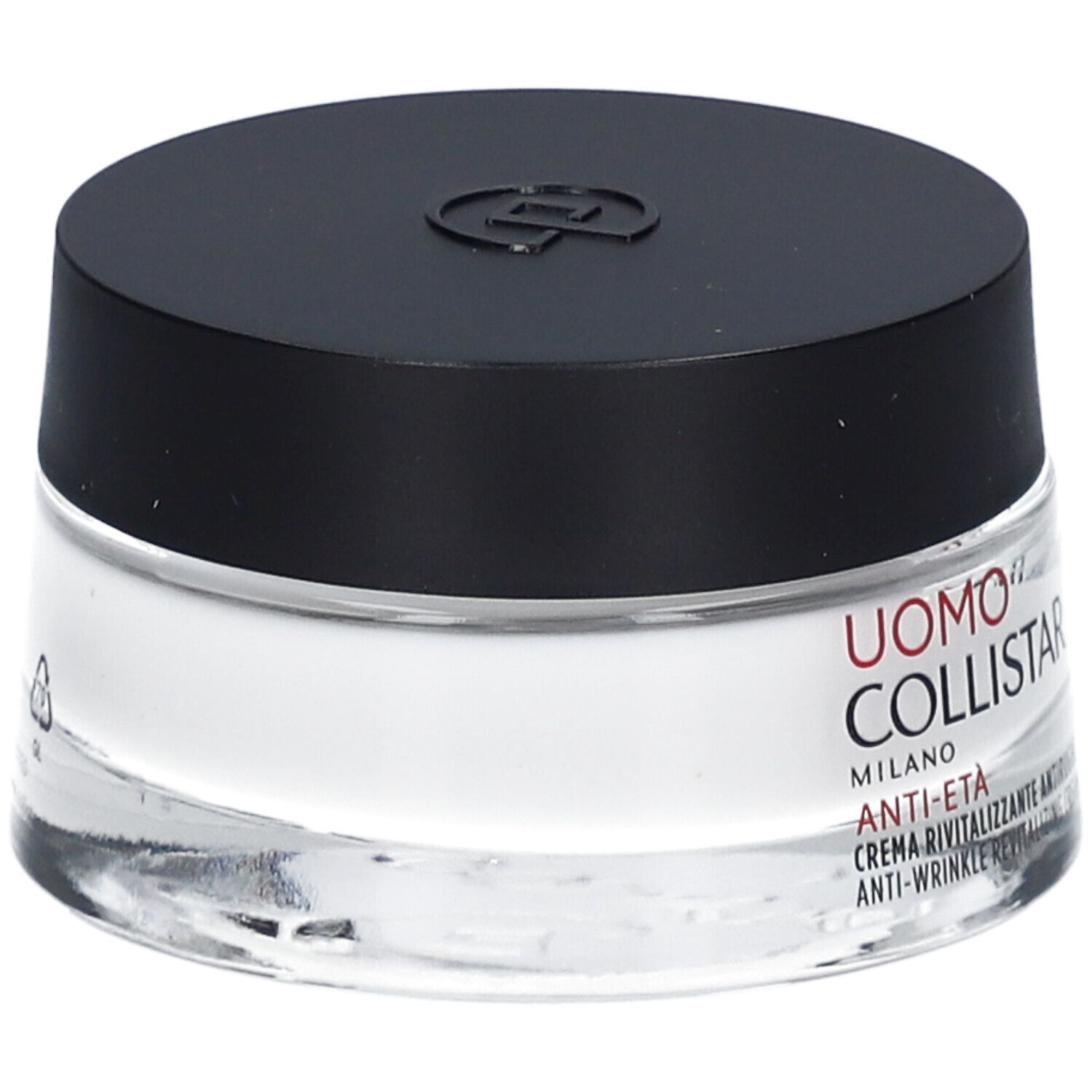 Pot de crème avec couvercle noir. Inscription: Uomo Collistar Milano, Anti-Eta, crème anti-rides.