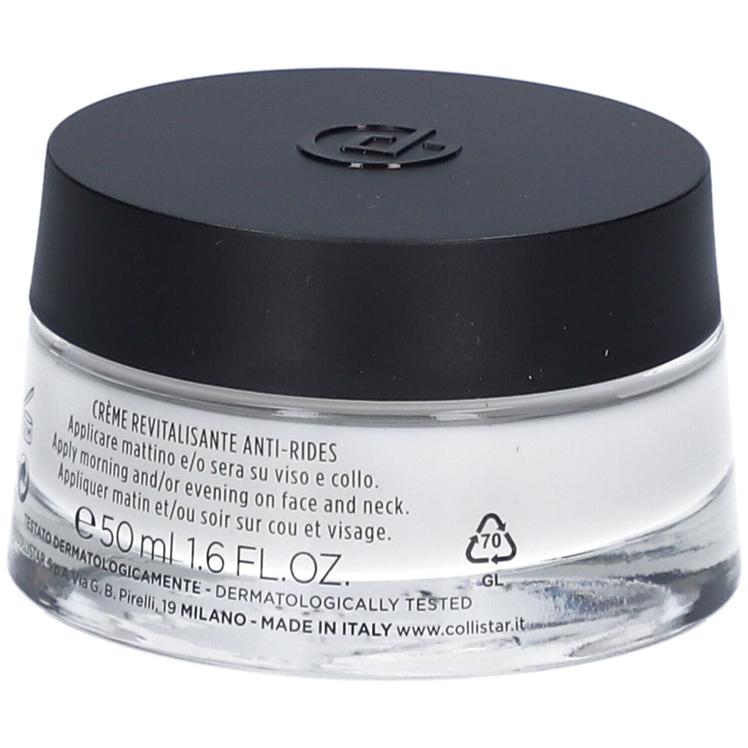 Pot de crème avec couvercle noir. Inscription: Crème Revitalisante Anti-Rides. 50 ml.