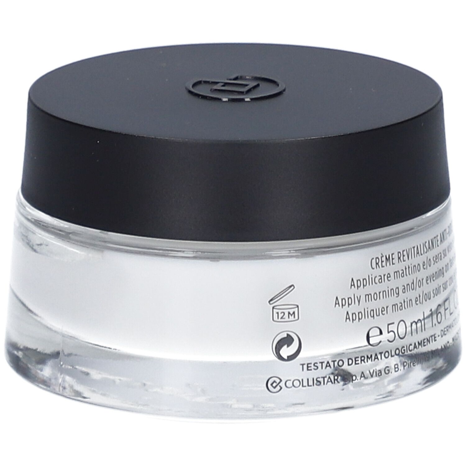 Pot de crème avec couvercle noir. Inscription: Crème Revitalisante Anti-Rides. 50 ml.