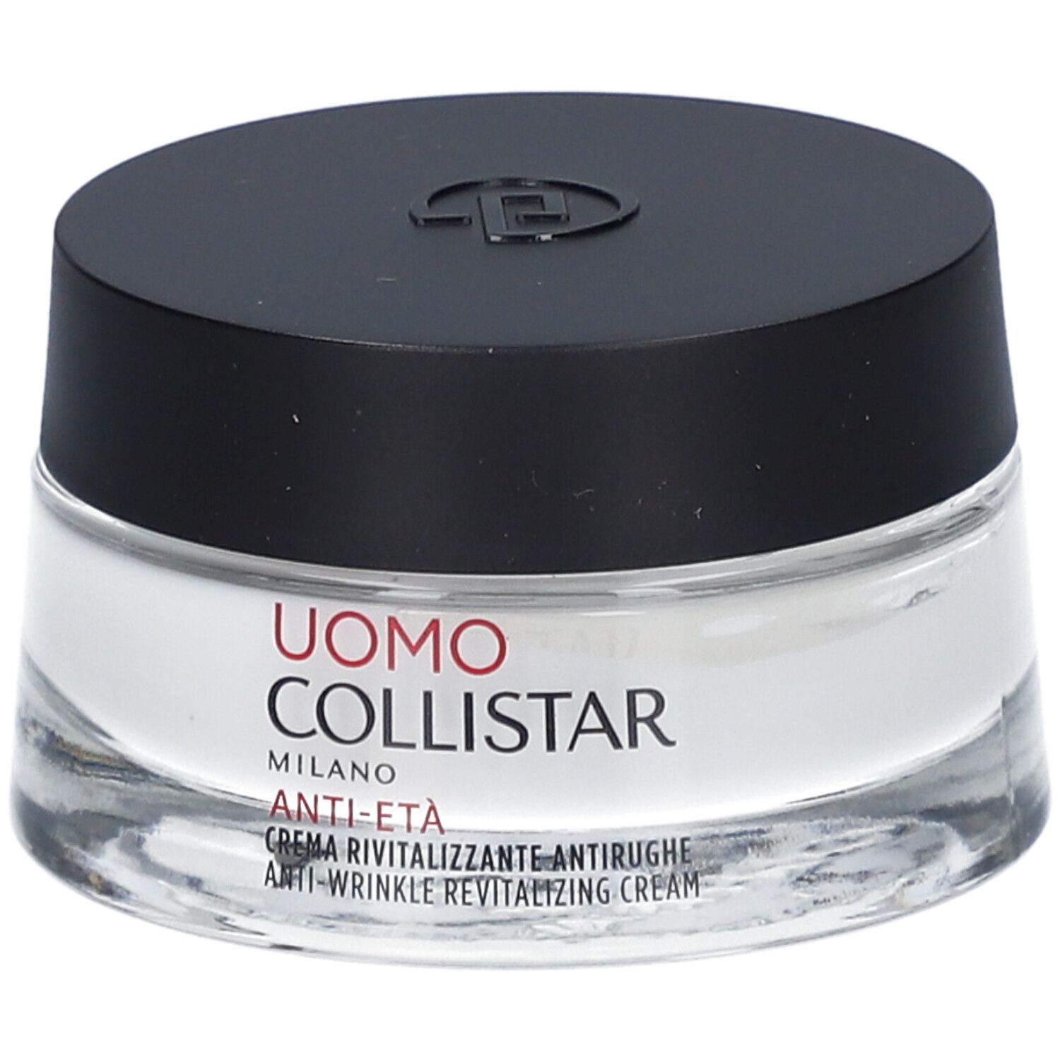 Pot de crème avec couvercle noir. Inscription: Uomo Collistar Milano, Anti-Eta, crème anti-rides.