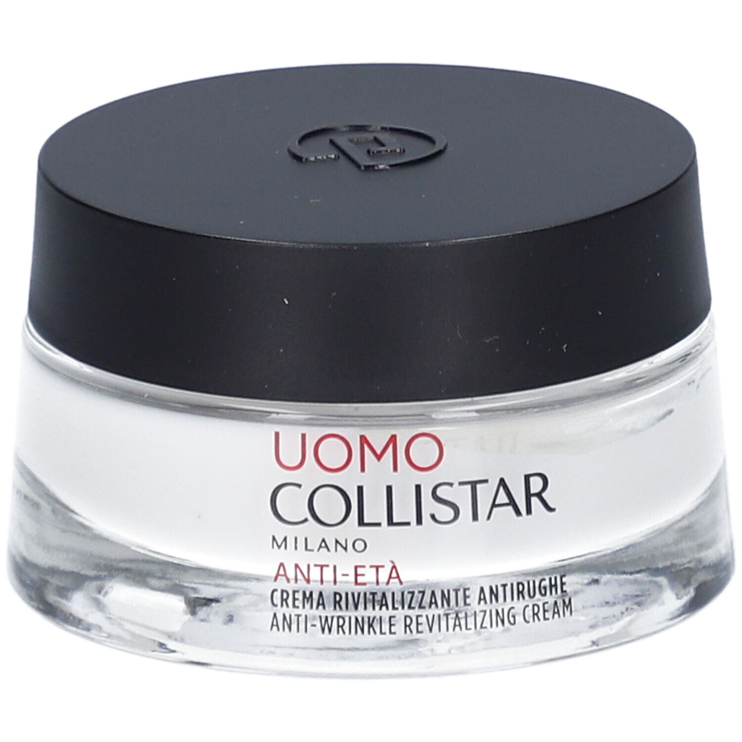 Pot de crème avec couvercle noir. Inscription: Uomo Collistar Milano, Anti-Eta, crème anti-rides.