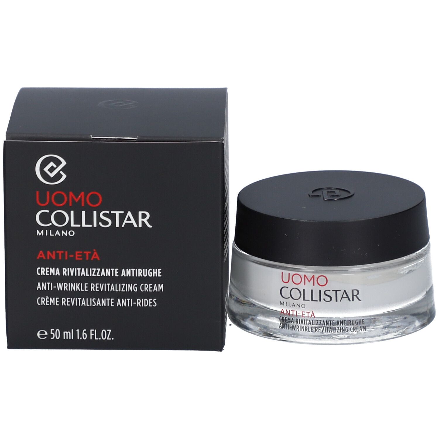 Pot de crème et boîte. Inscription: Uomo Collistar Milano, Anti-Eta, crème anti-rides. 50 ml.