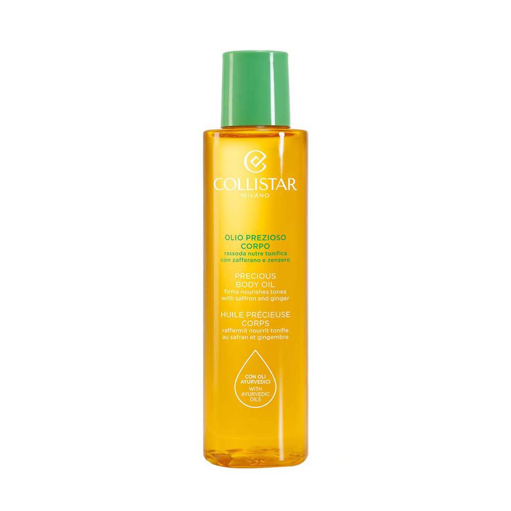 Flacon d'huile pour le corps avec bouchon vert. Inscription : Collistar Milano, Precious Body Oil.
