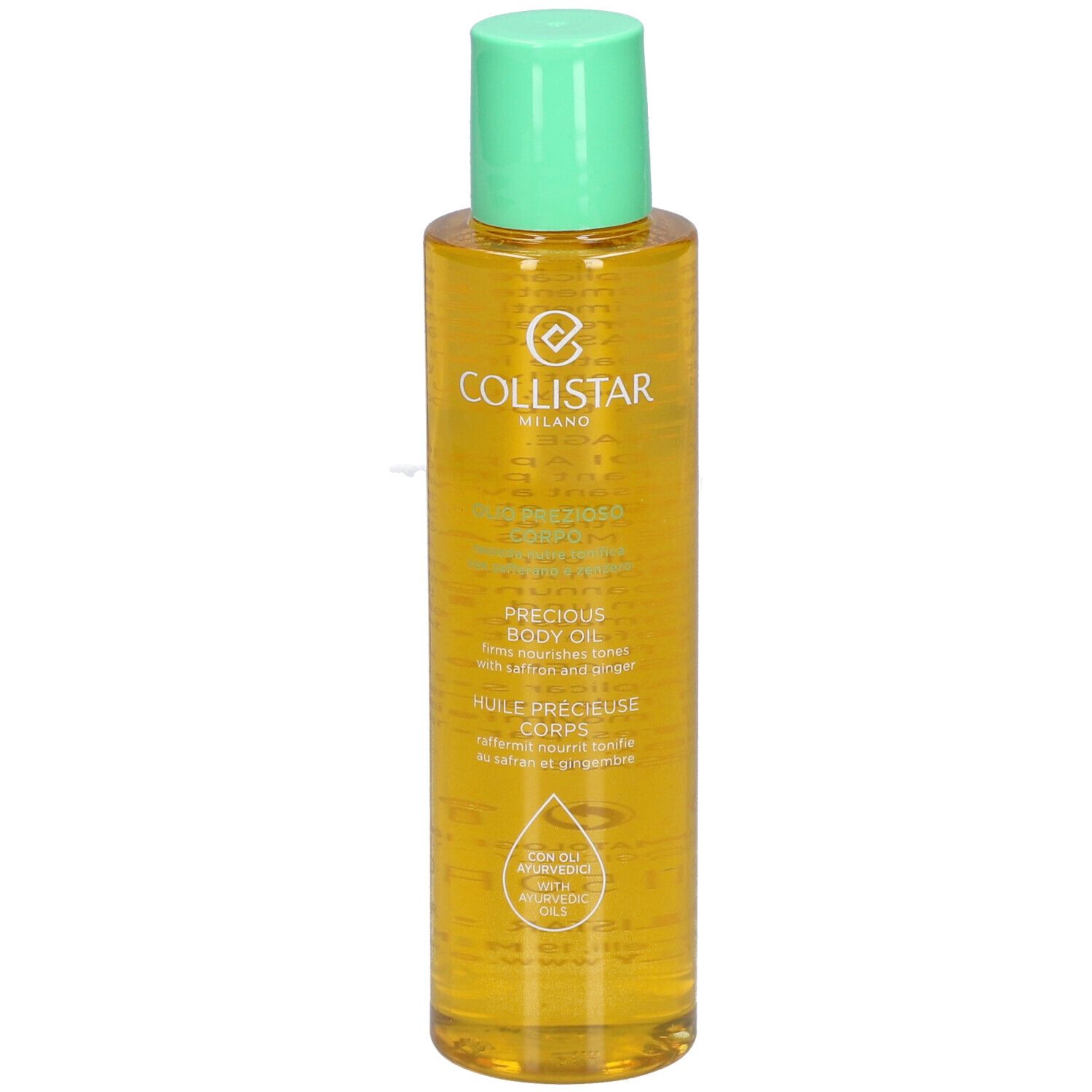 Flacon d'huile pour le corps jaune avec bouchon vert. Inscription : Collistar Milano, Precious Body Oil.