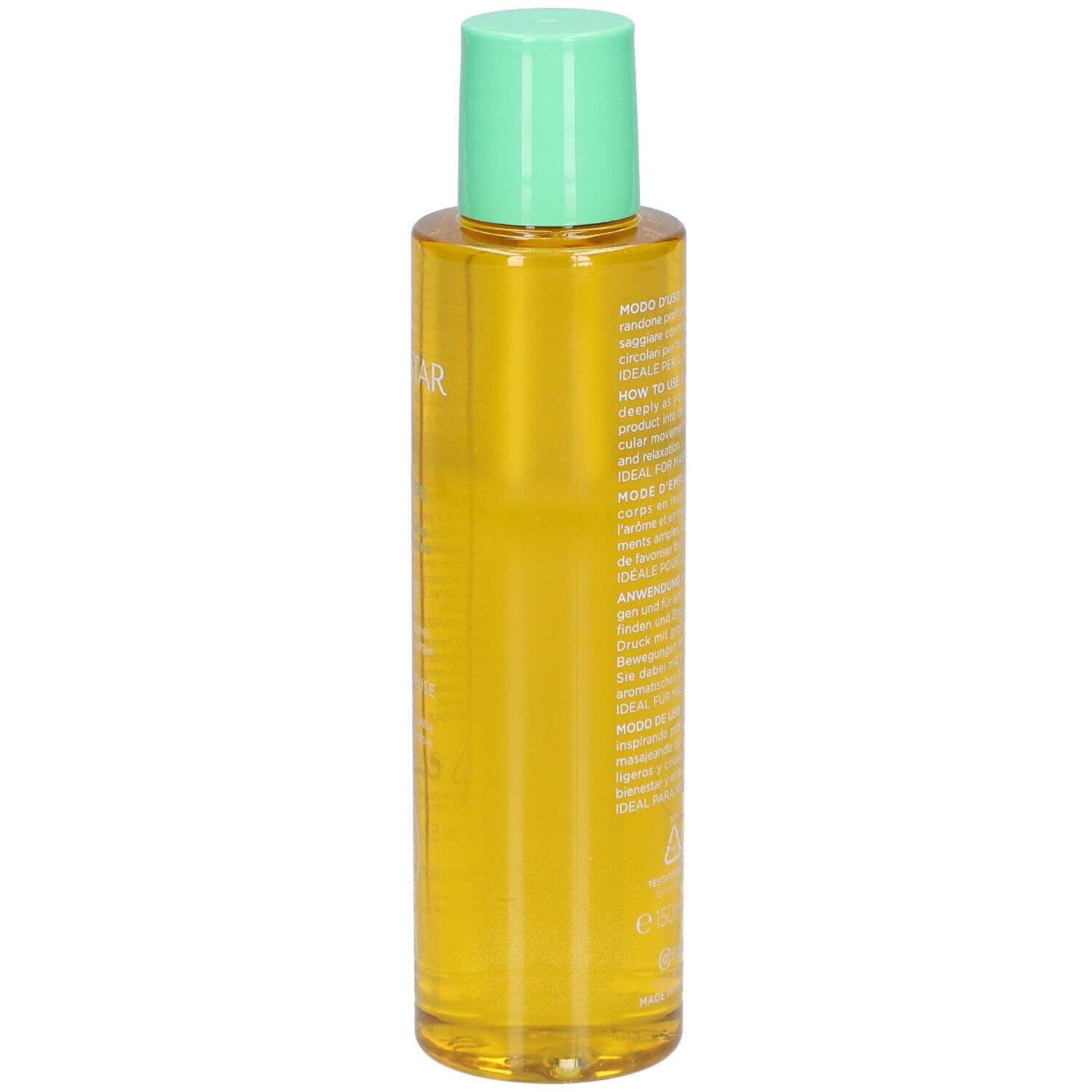 Flacon d'huile pour le corps, liquide jaunâtre, bouchon vert. Texte avec informations sur le produit.