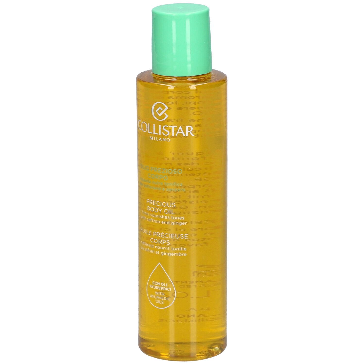 Flacon d'huile pour le corps jaune avec bouchon vert. Inscription : Collistar Milano, Precious Body Oil.