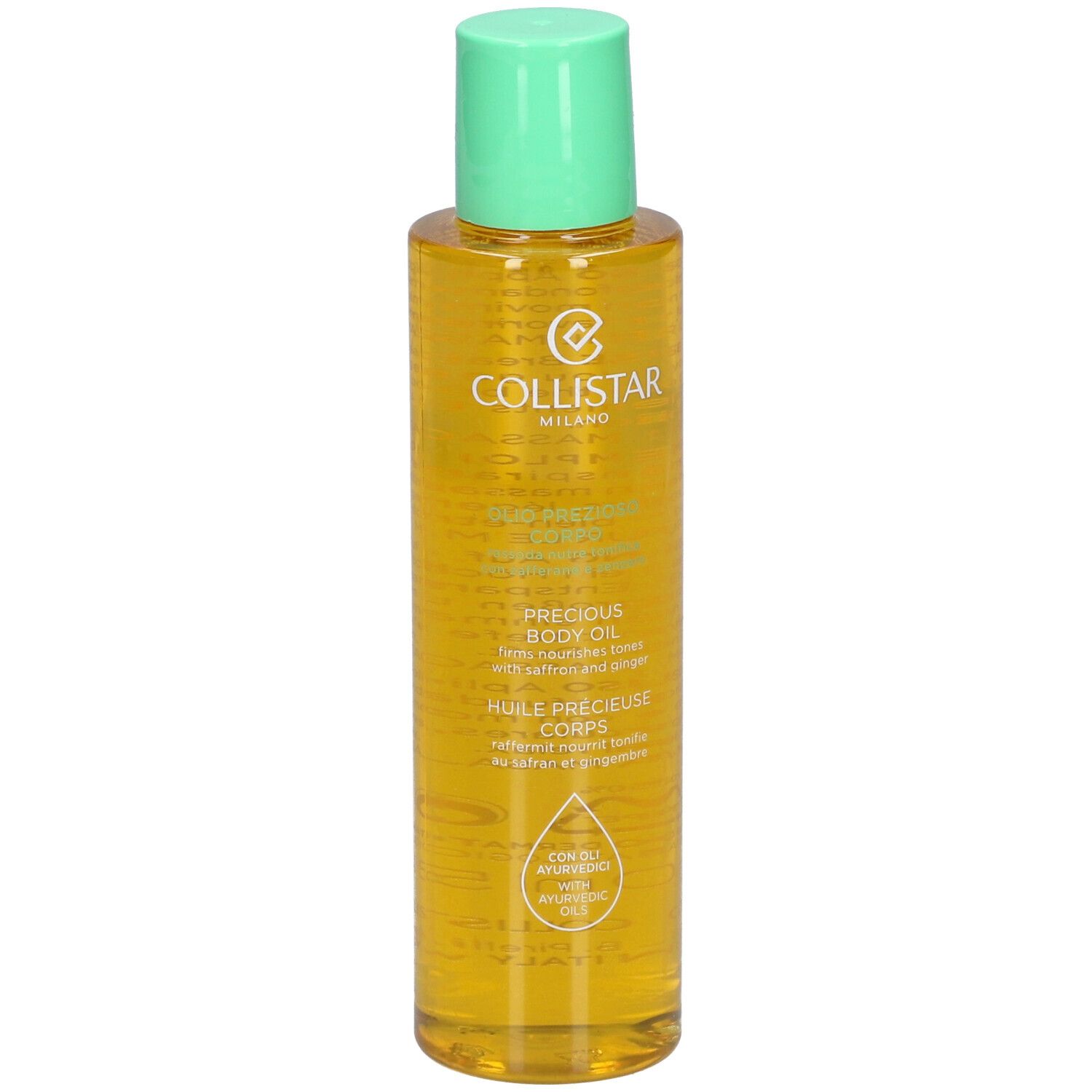Flacon d'huile pour le corps jaune avec bouchon vert. Inscription : Collistar Milano, Precious Body Oil.