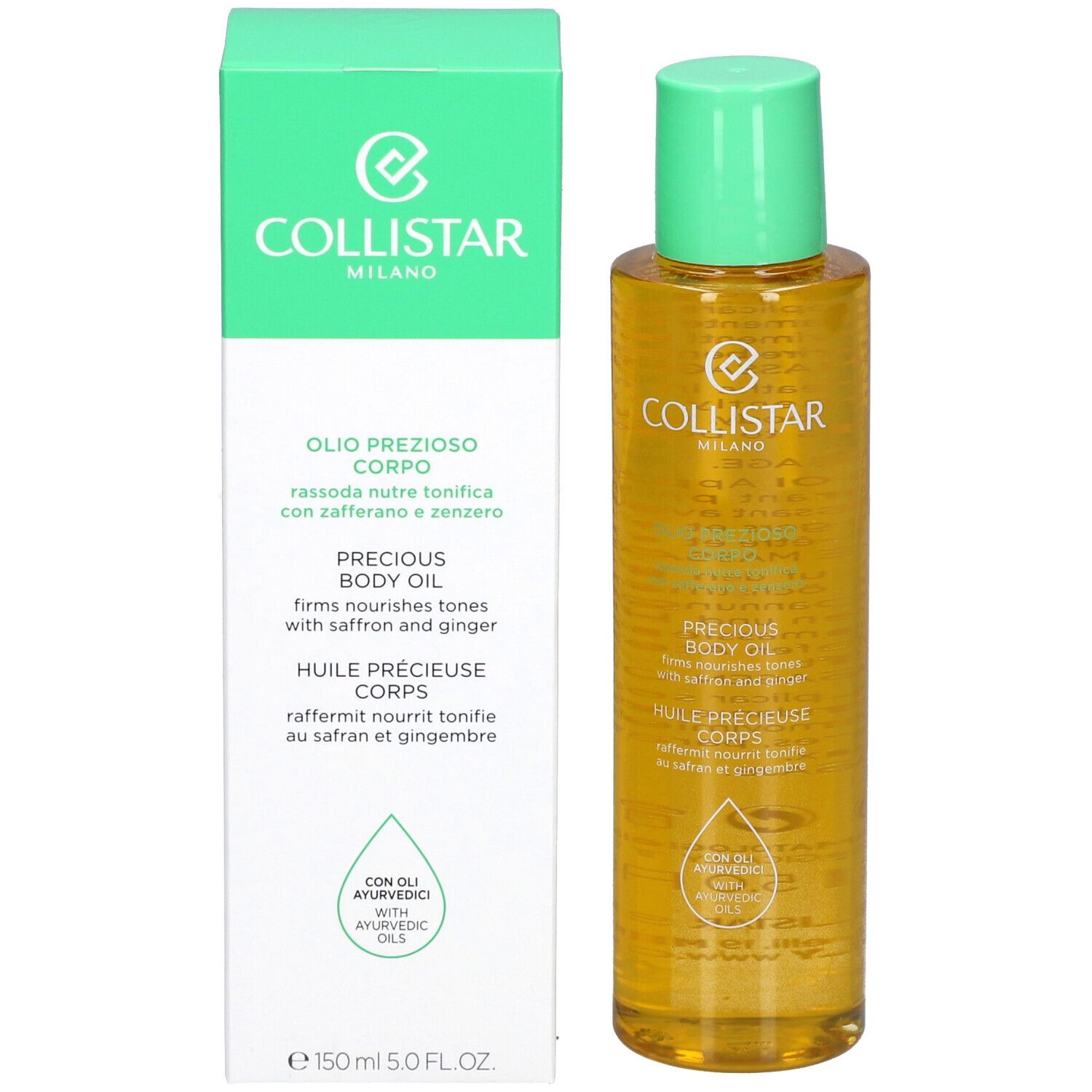 Flacon d'huile pour le corps et boîte. Boîte : Collistar Milano, Precious Body Oil. Flacon : jaune, vert.
