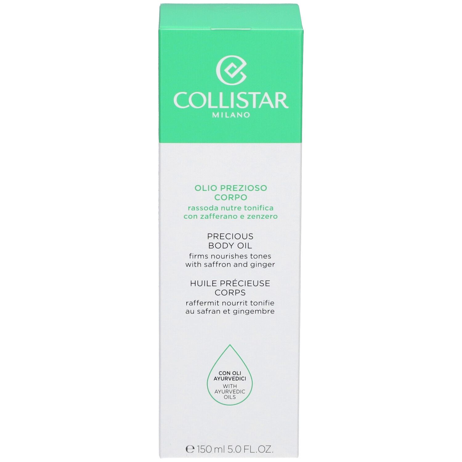 Boîte : Collistar Milano, Precious Body Oil. Flacon : liquide jaunâtre, bouchon vert.