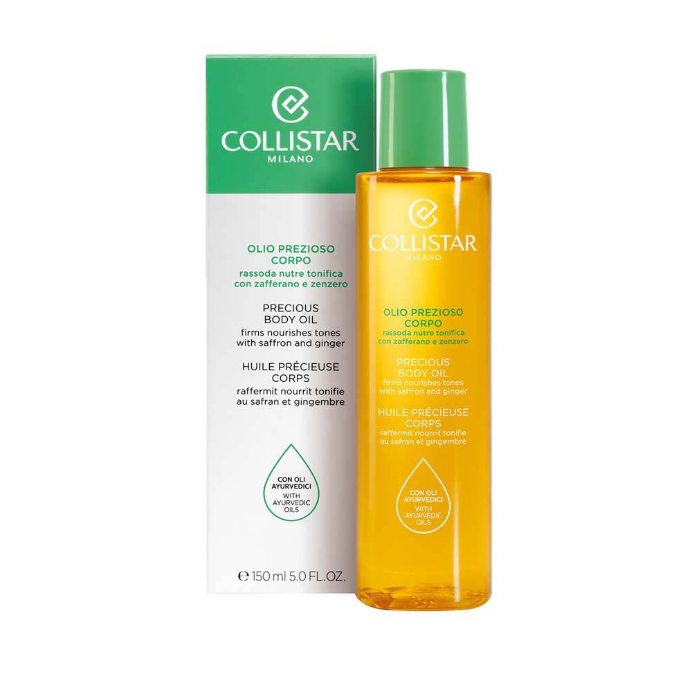 Flacon d'huile pour le corps et boîte. Boîte : Collistar Milano, Precious Body Oil. Flacon : jaune, vert.