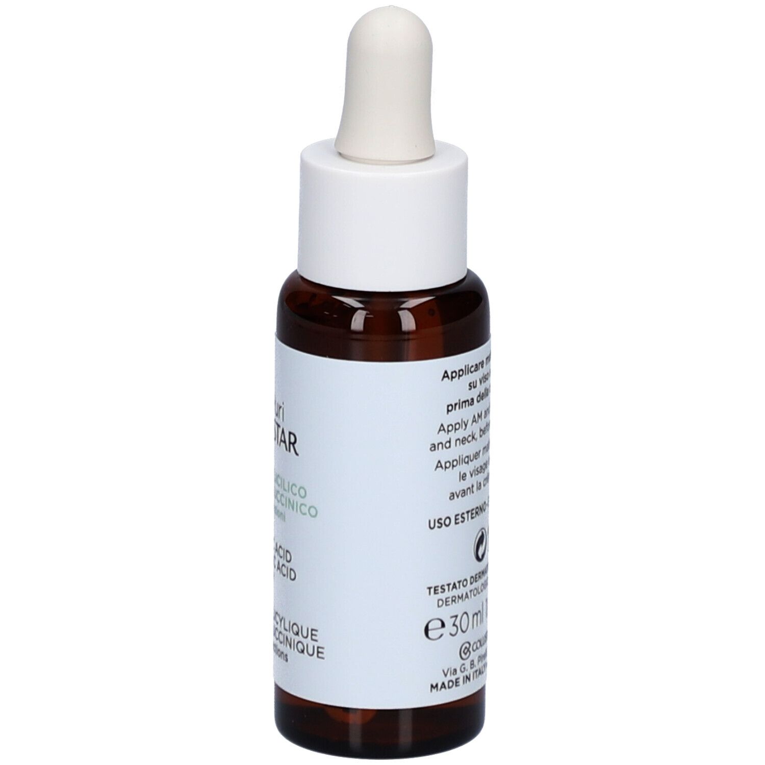 Braune Flasche mit weißem Deckel und Pipette. Etikett mit Produktinformationen.