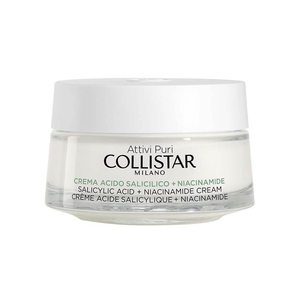 Pot de crème avec couvercle blanc. "COLLISTAR MILANO" et "CREME ACIDE SALICYLIQUE + NIACINAMIDE" sont visibles.