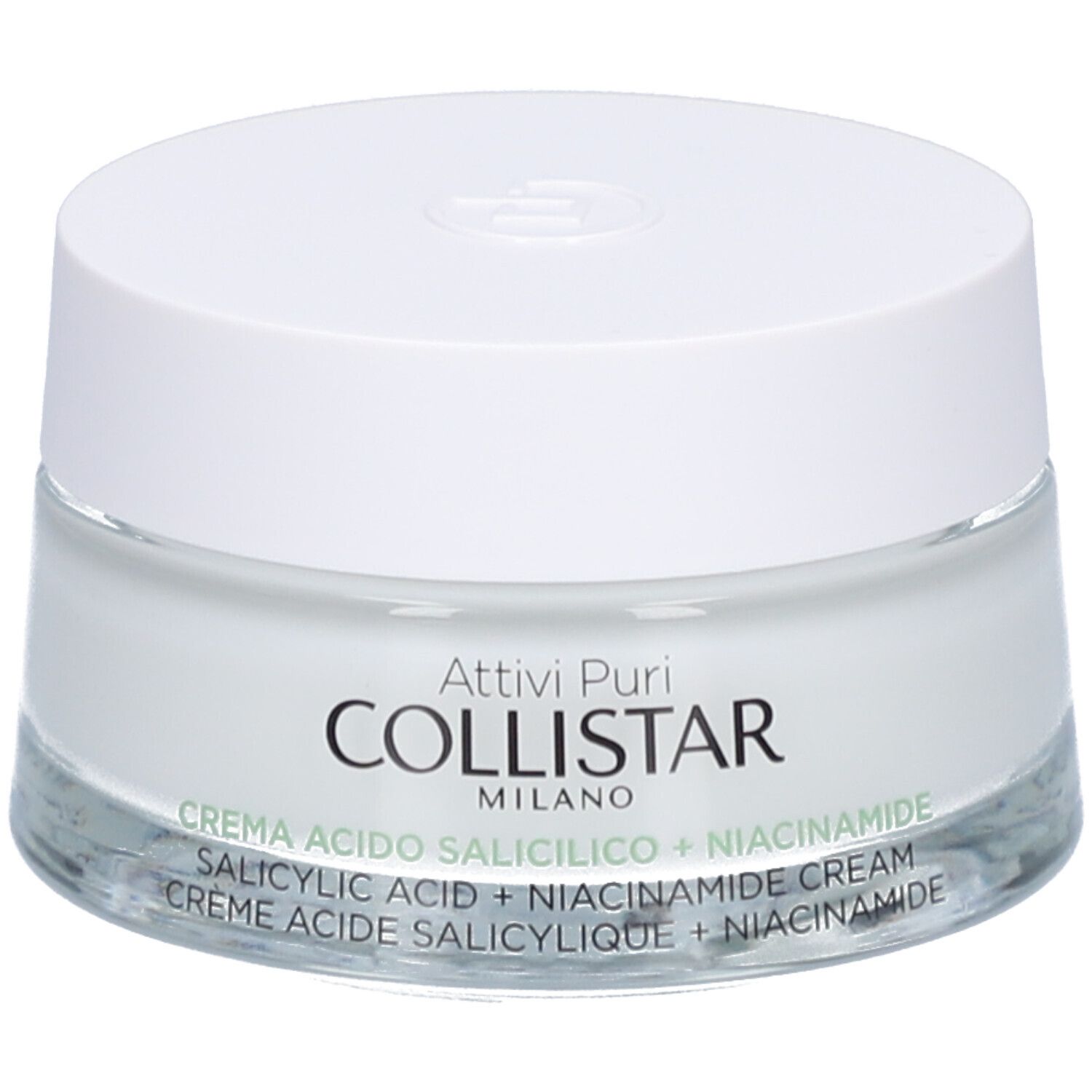 Creme-Tiegel mit weißem Deckel. Auf dem Glas steht "COLLISTAR MILANO". Darunter "CREMA ACIDO SALICILICO + NIACINAMIDE CREAM".