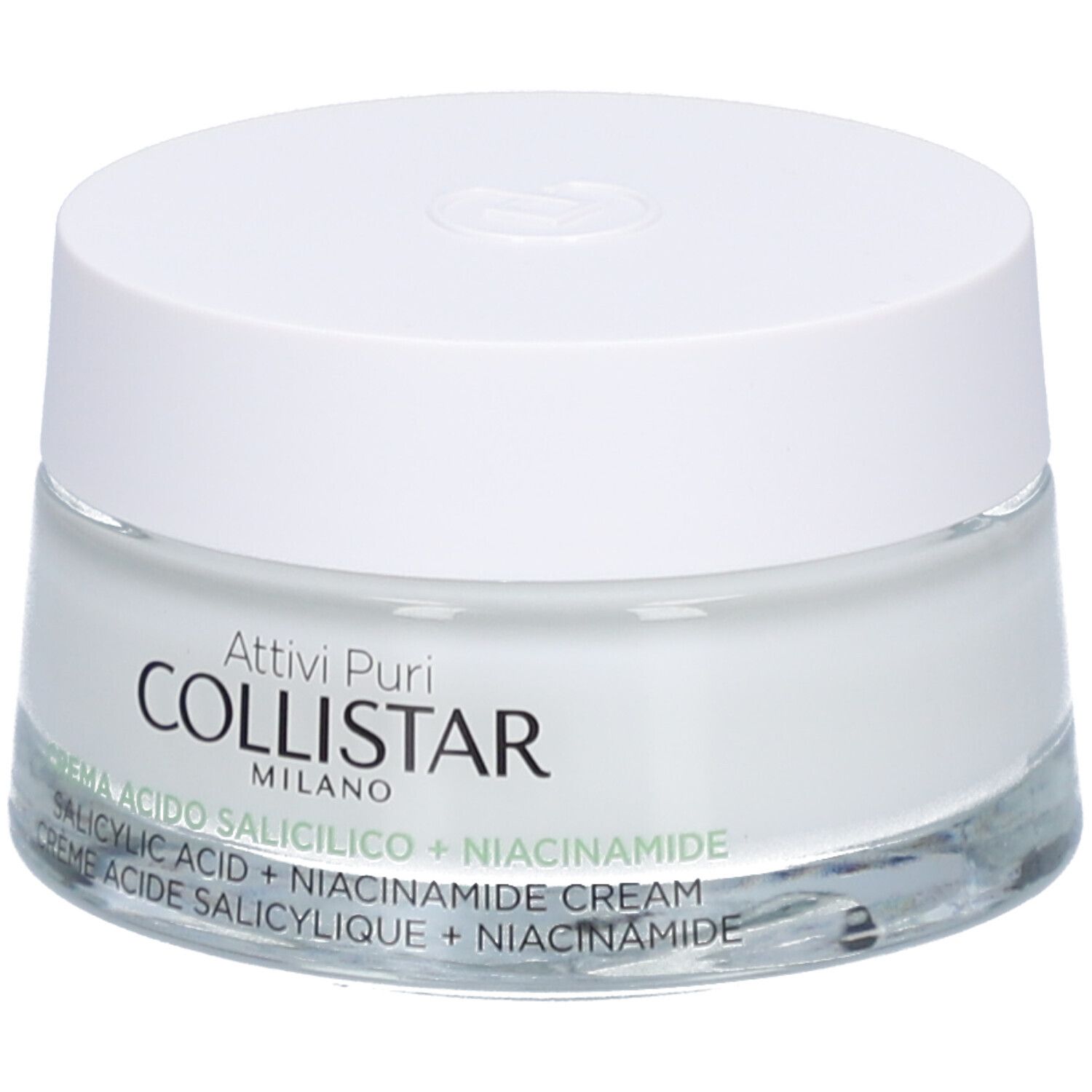 Creme-Tiegel mit weißem Deckel. Auf dem Glas steht "COLLISTAR MILANO". Darunter "CREMA ACIDO SALICILICO + NIACINAMIDE CREAM".