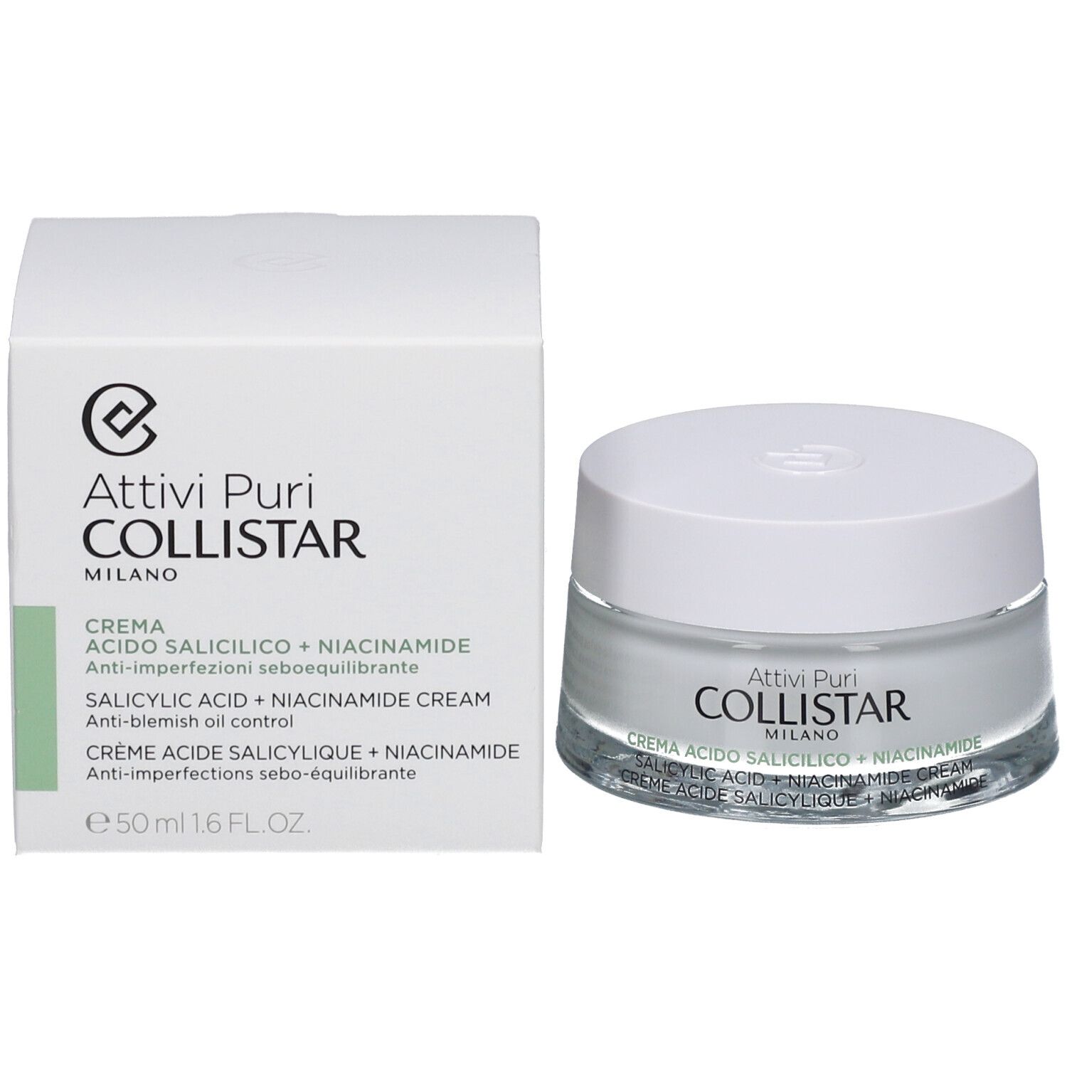 Creme-Tiegel und Schachtel. Auf der Schachtel steht "COLLISTAR MILANO" und Produktinformationen. 50 ml.