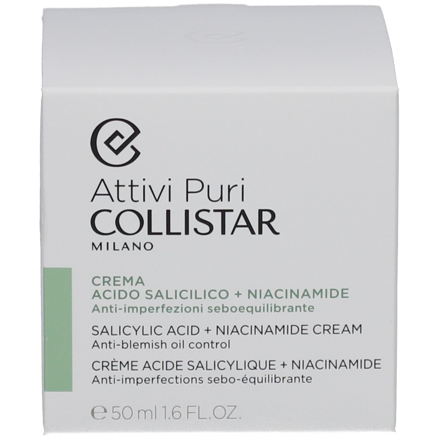 Schachtel mit Produktinformationen. Auf der Schachtel steht "COLLISTAR MILANO" und Produktinformationen. 50 ml.