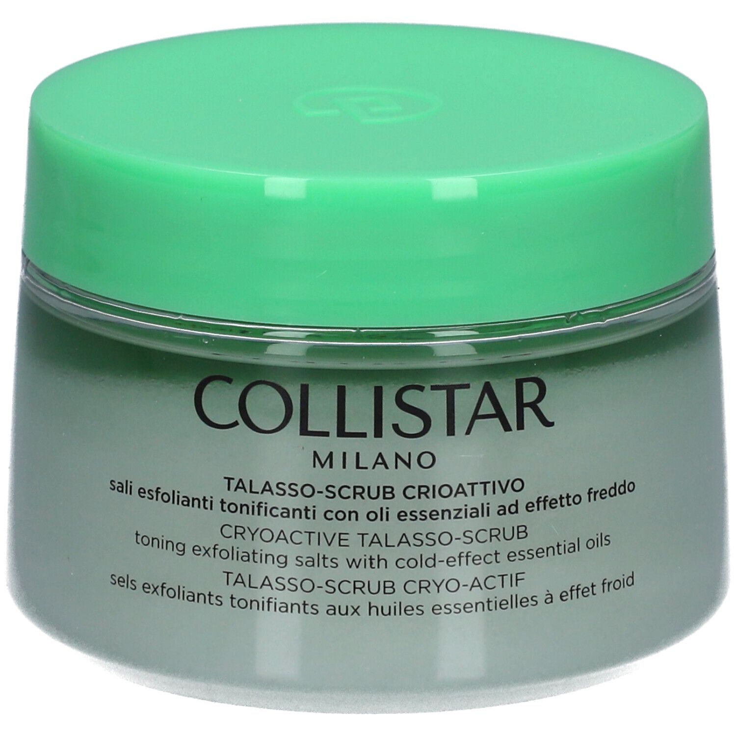 Grüner Tiegel mit weiß-grünem Peeling. Aufschrift: COLLISTAR MILANO, TALASSO-SCRUB.