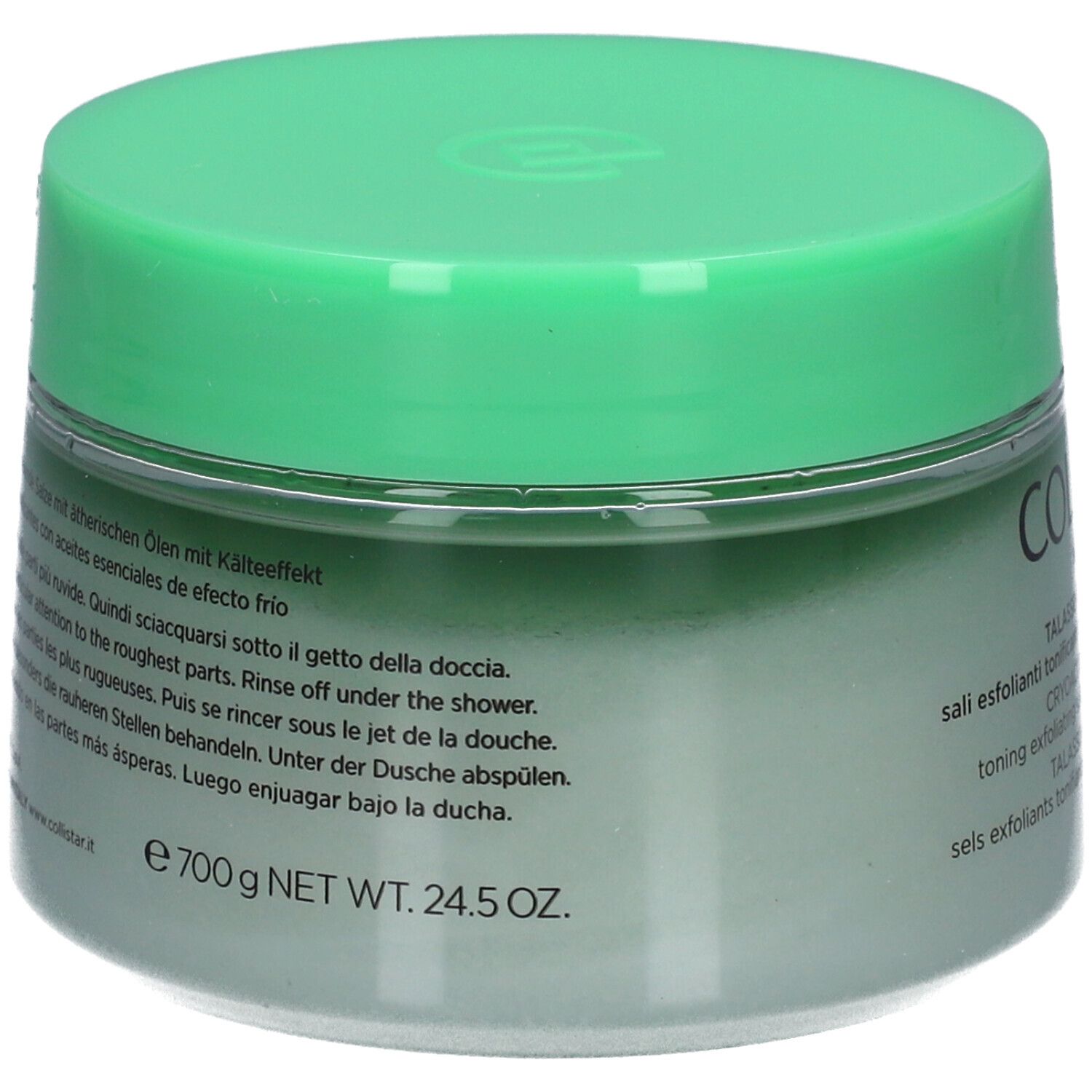 Rückseite des grünen Tiegels mit Text. Aufschrift: e 700 g NET WT. 24.5 OZ.