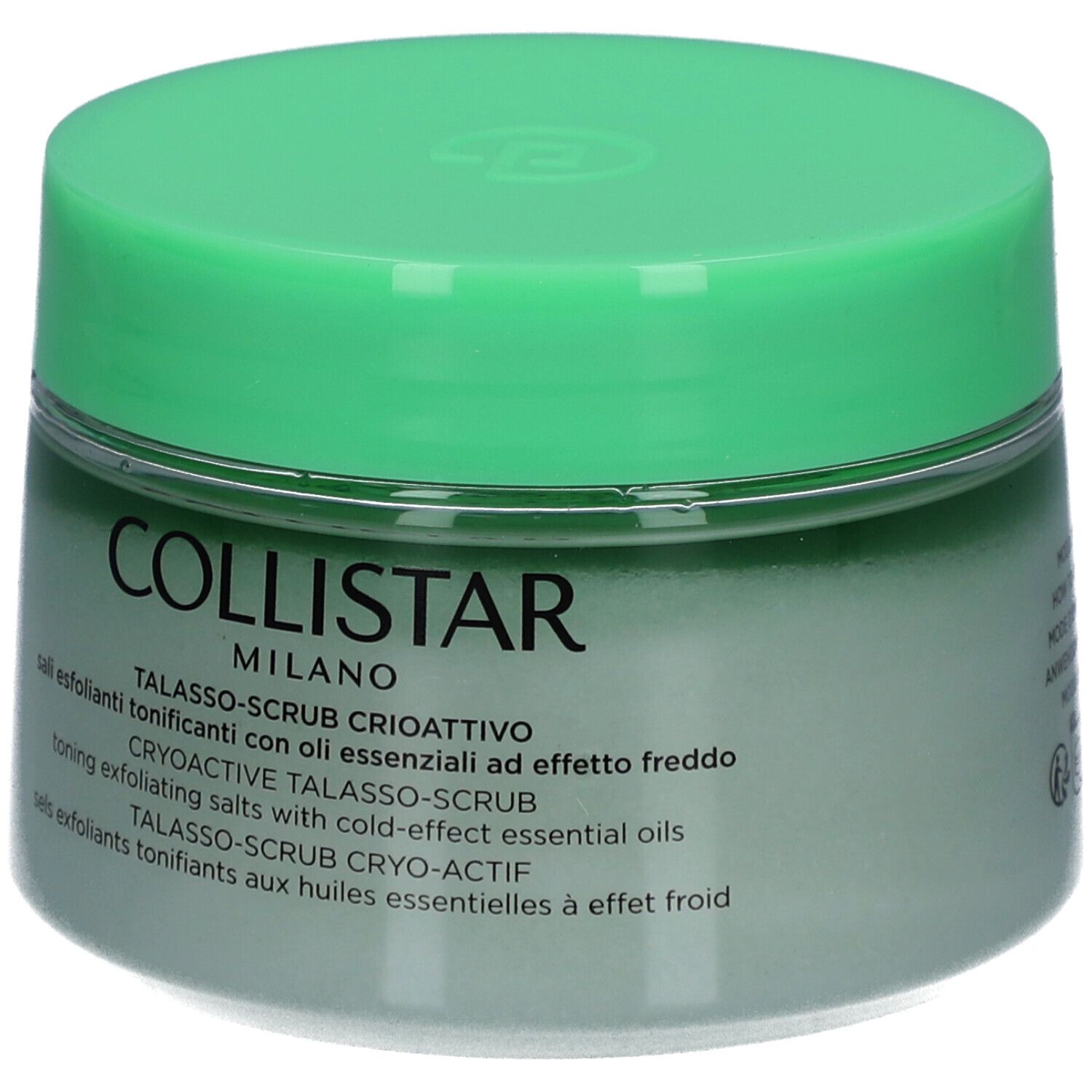 Grüner Tiegel mit weiß-grünem Peeling. Aufschrift: COLLISTAR MILANO, TALASSO-SCRUB.
