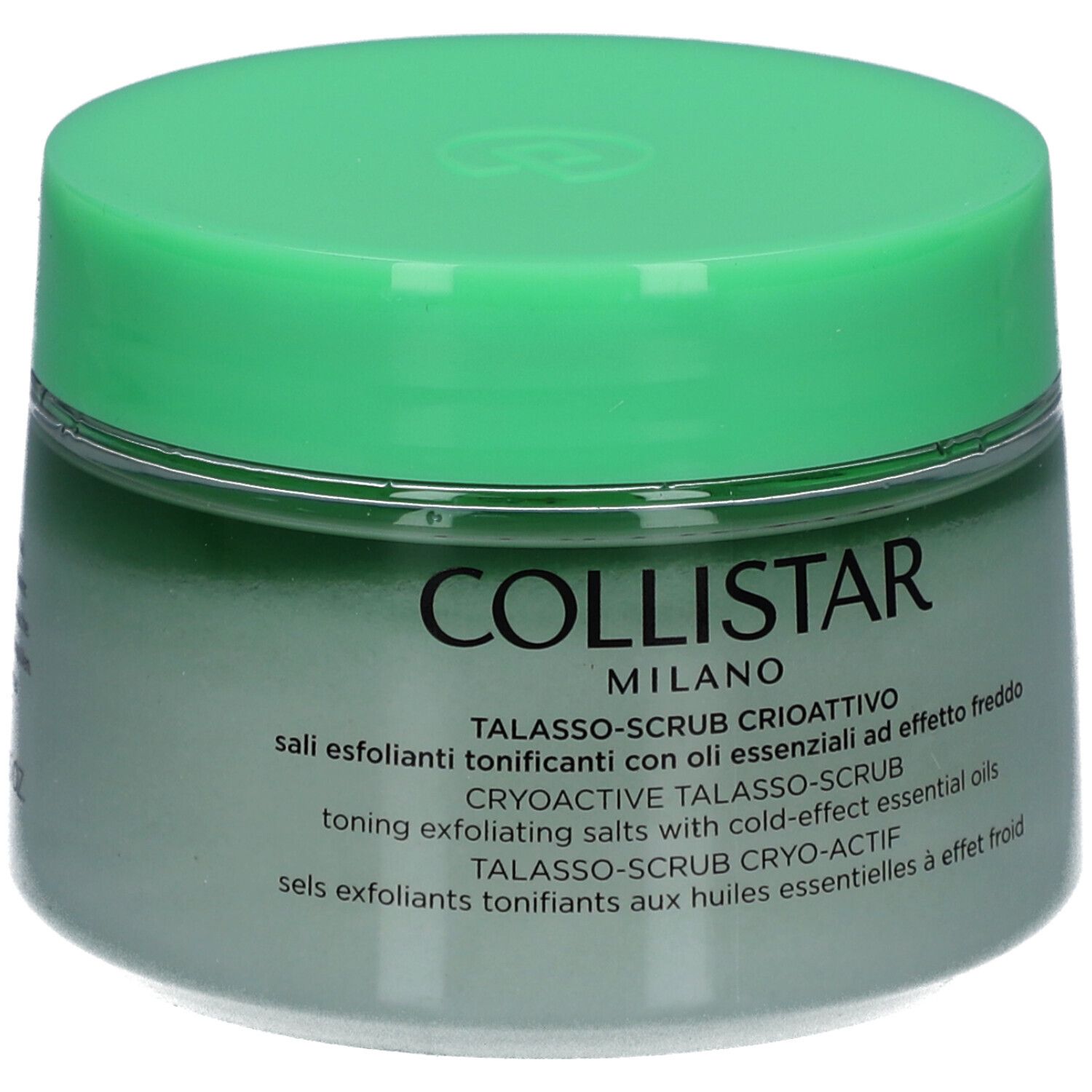 Grüner Tiegel mit weiß-grünem Peeling. Aufschrift: COLLISTAR MILANO, TALASSO-SCRUB.