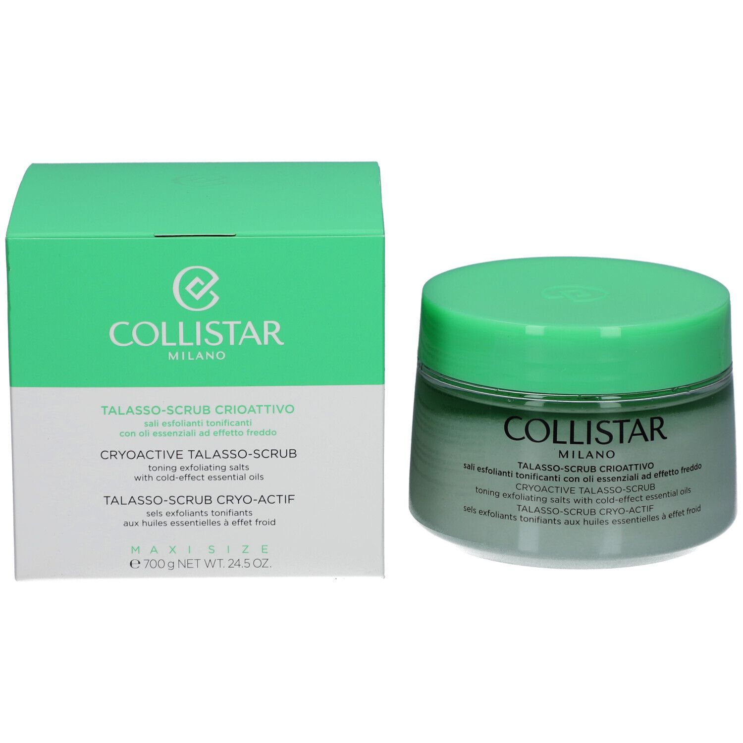 Grüner Tiegel und Schachtel mit weiß-grünem Peeling. Aufschrift: COLLISTAR, TALASSO-SCRUB, MAXI SIZE.