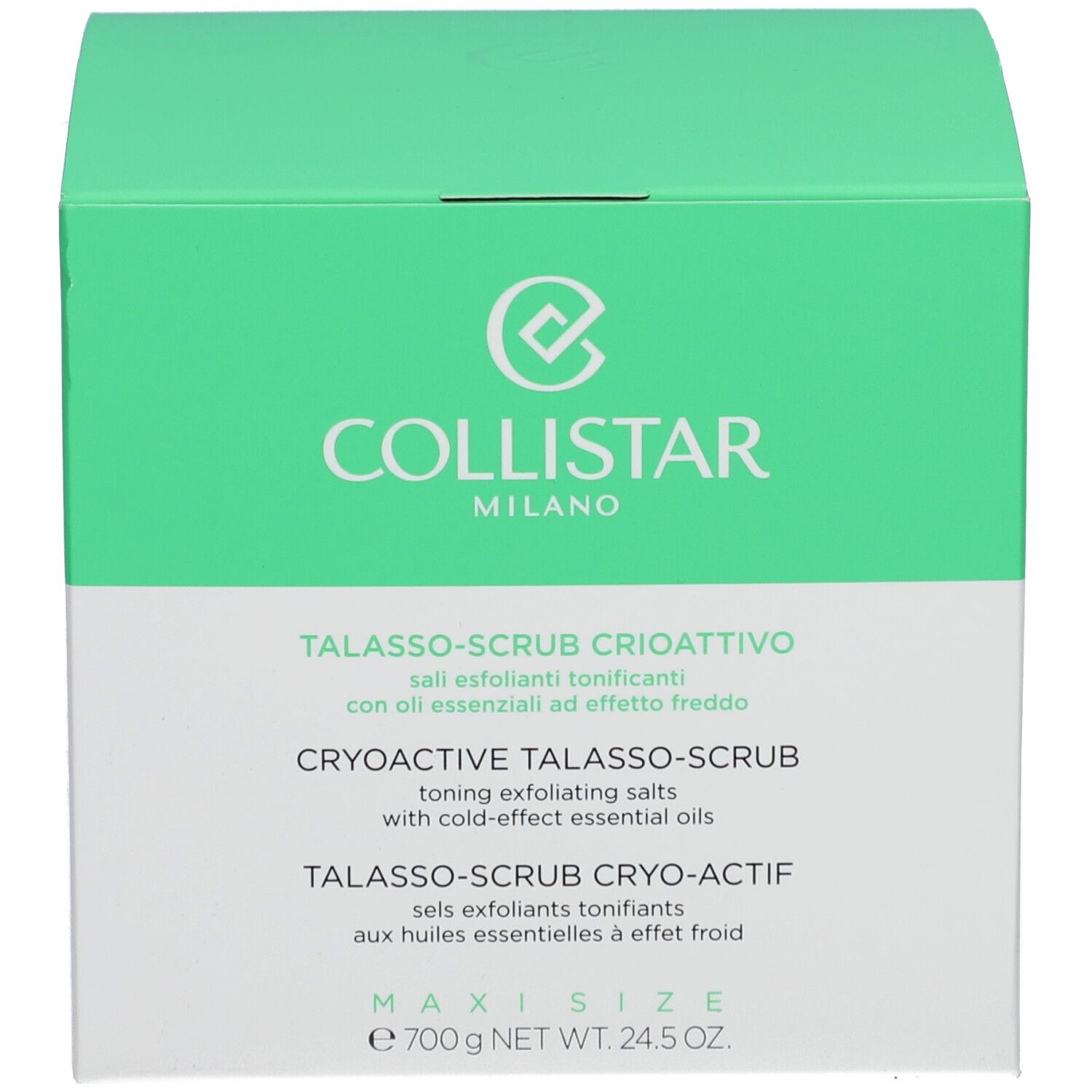Grüne Schachtel mit Text. Aufschrift: COLLISTAR, TALASSO-SCRUB, MAXI SIZE, e 700 g NET WT. 24.5 OZ.