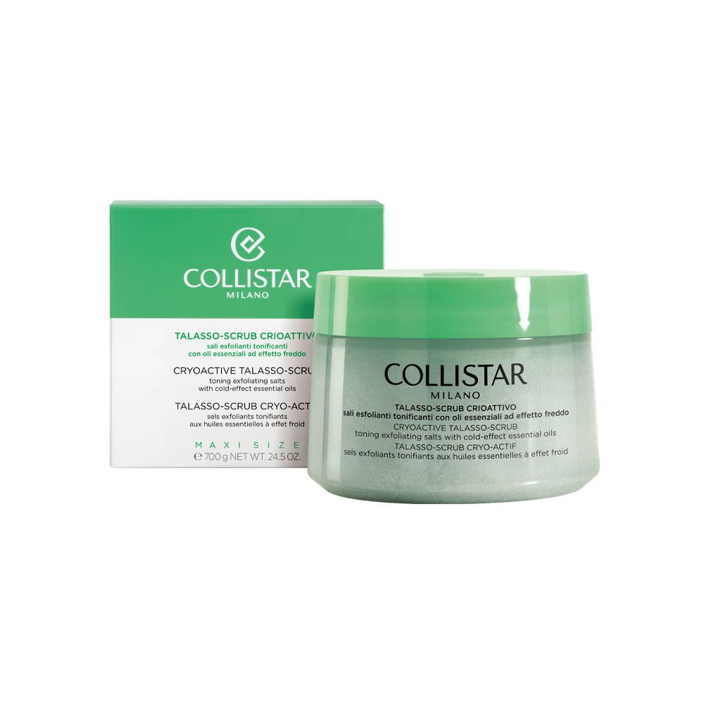 Pot et boîte verts avec gommage blanc-vert. Inscription : COLLISTAR, TALASSO-SCRUB, MAXI SIZE.