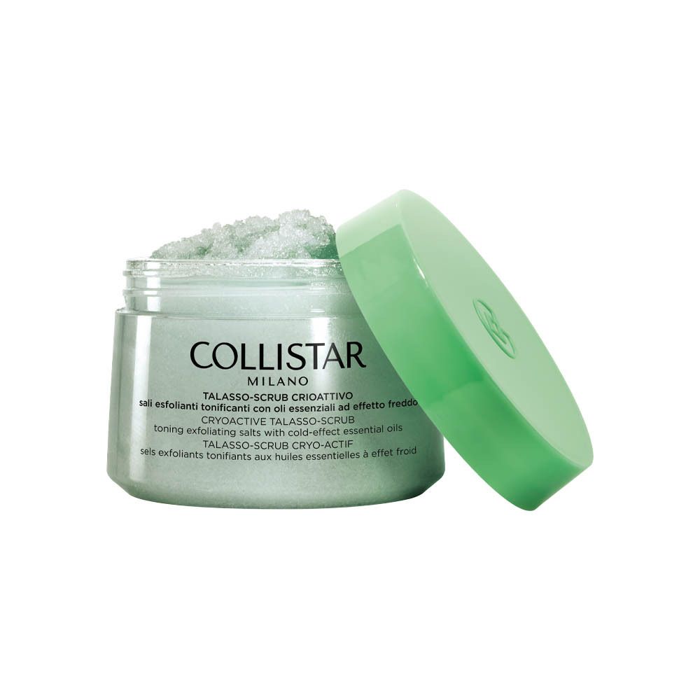 Pot vert avec gommage blanc-vert et couvercle ouvert. Inscription : COLLISTAR, TALASSO-SCRUB.