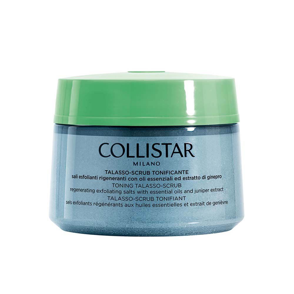 Pot bleu avec couvercle vert. Inscription COLLISTAR MILANO. Nom du produit et texte en plusieurs langues.