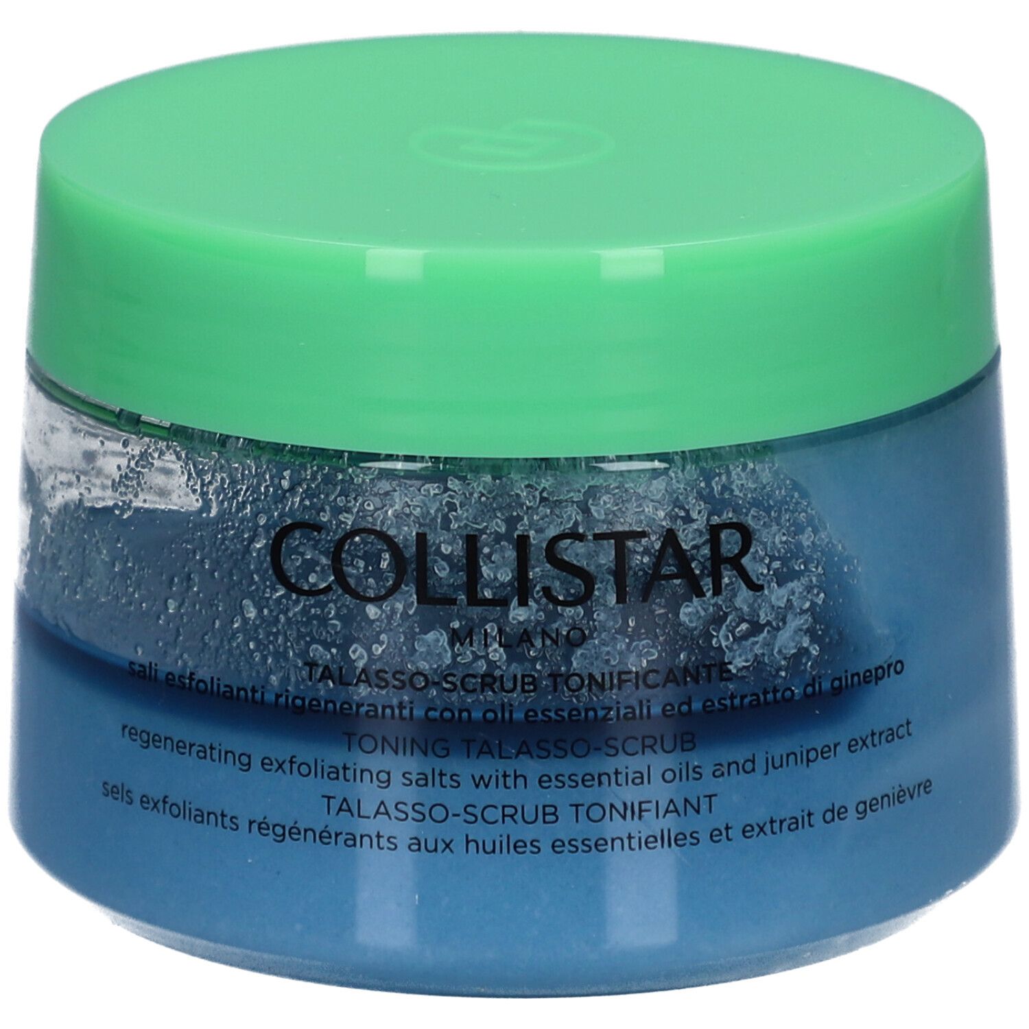 Blaues Glas mit grünem Deckel. Aufschrift: COLLISTAR MILANO. Produktname und Text in mehreren Sprachen.