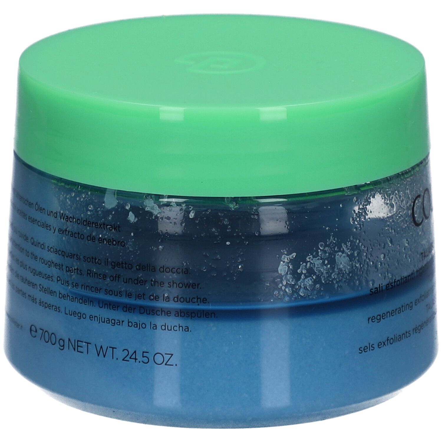 Blaues Glas mit grünem Deckel. Aufschrift und Text in mehreren Sprachen. Gewicht: 700g / 24.5 OZ.